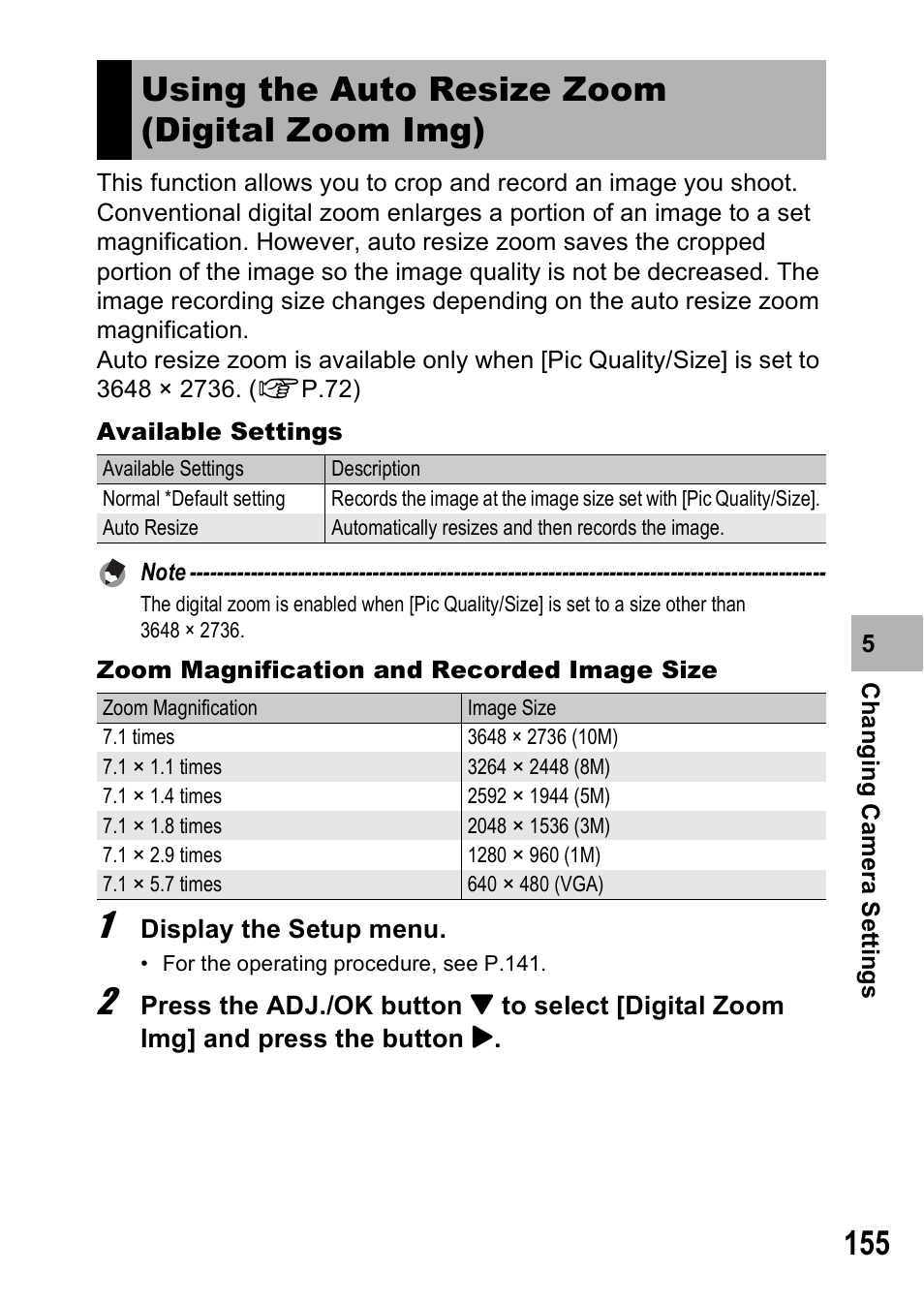 Using the auto resize zoom (digital zoom img) | Ricoh R8 User Manual | Page 157 / 211