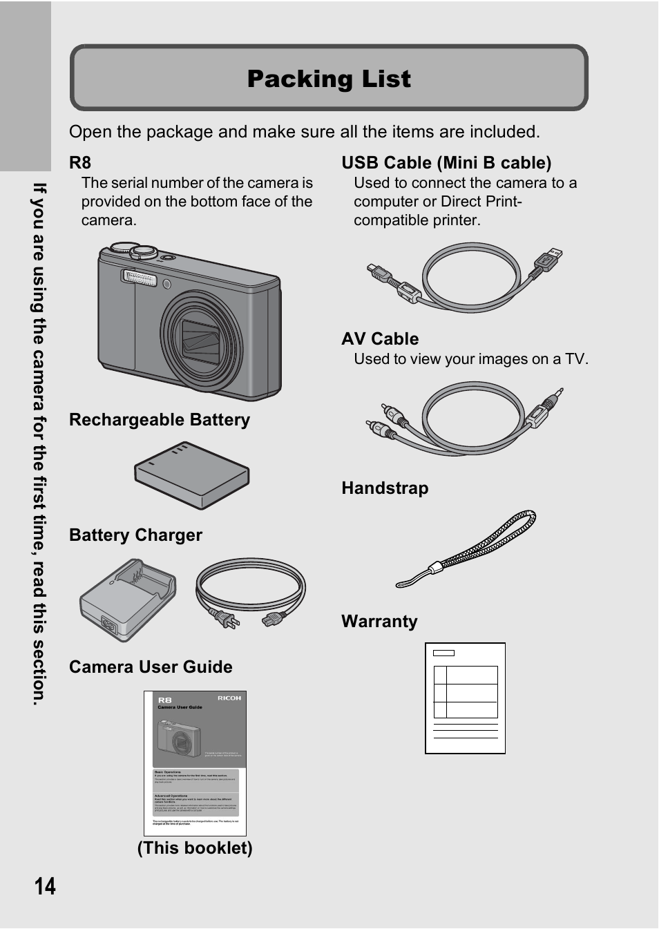 Packing list | Ricoh R8 User Manual | Page 16 / 211