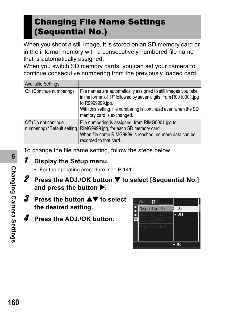 Changing file name settings (sequential no.) | Ricoh R8 User Manual | Page 162 / 211