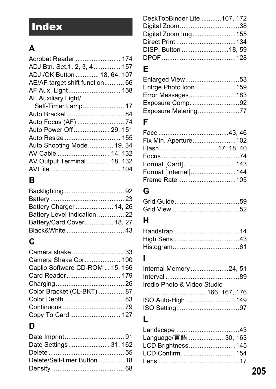 Index | Ricoh R8 User Manual | Page 207 / 211