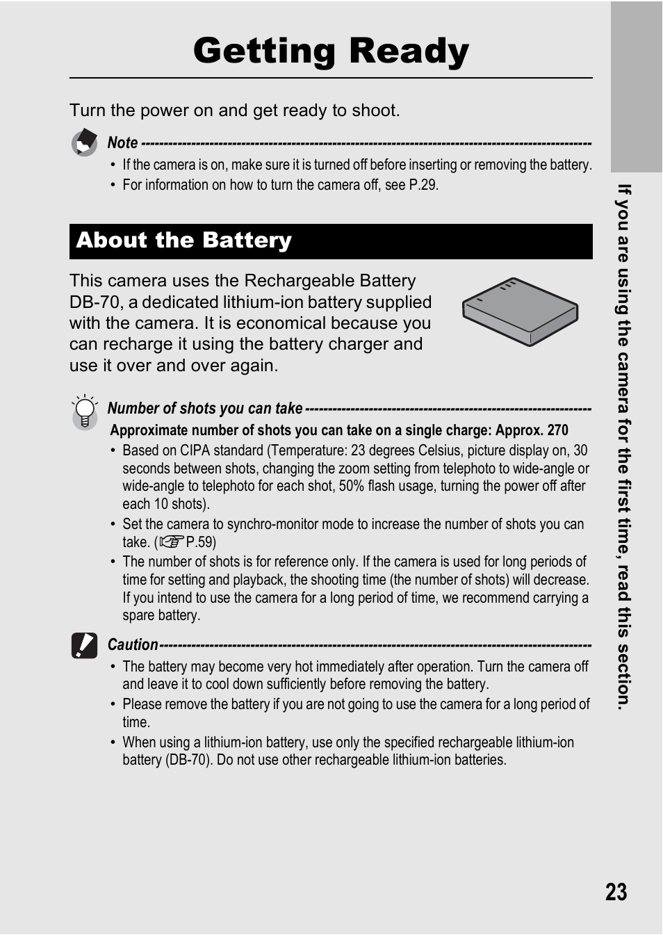 Getting ready, About the battery | Ricoh R8 User Manual | Page 25 / 211