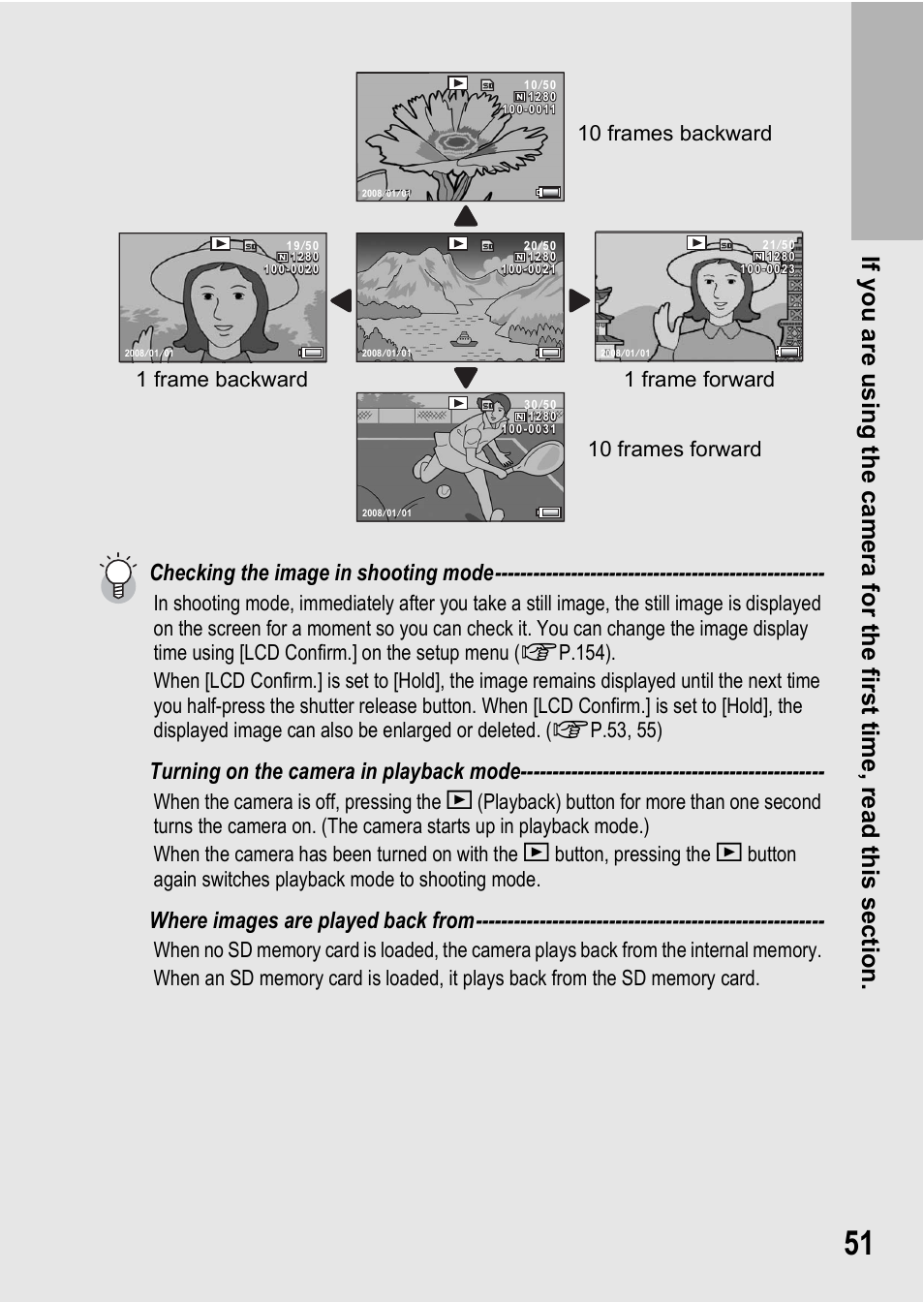 Checking the image in shooting mode, Turning on the camera in playback mode, Where images are played back from | Ricoh R8 User Manual | Page 53 / 211