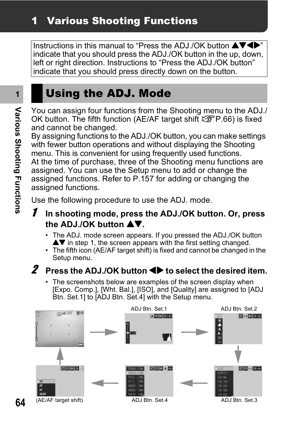 Using the adj. mode, 1 various shooting functions | Ricoh R8 User Manual | Page 66 / 211