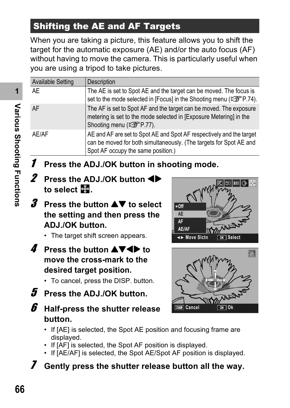 Shifting the ae and af targets | Ricoh R8 User Manual | Page 68 / 211