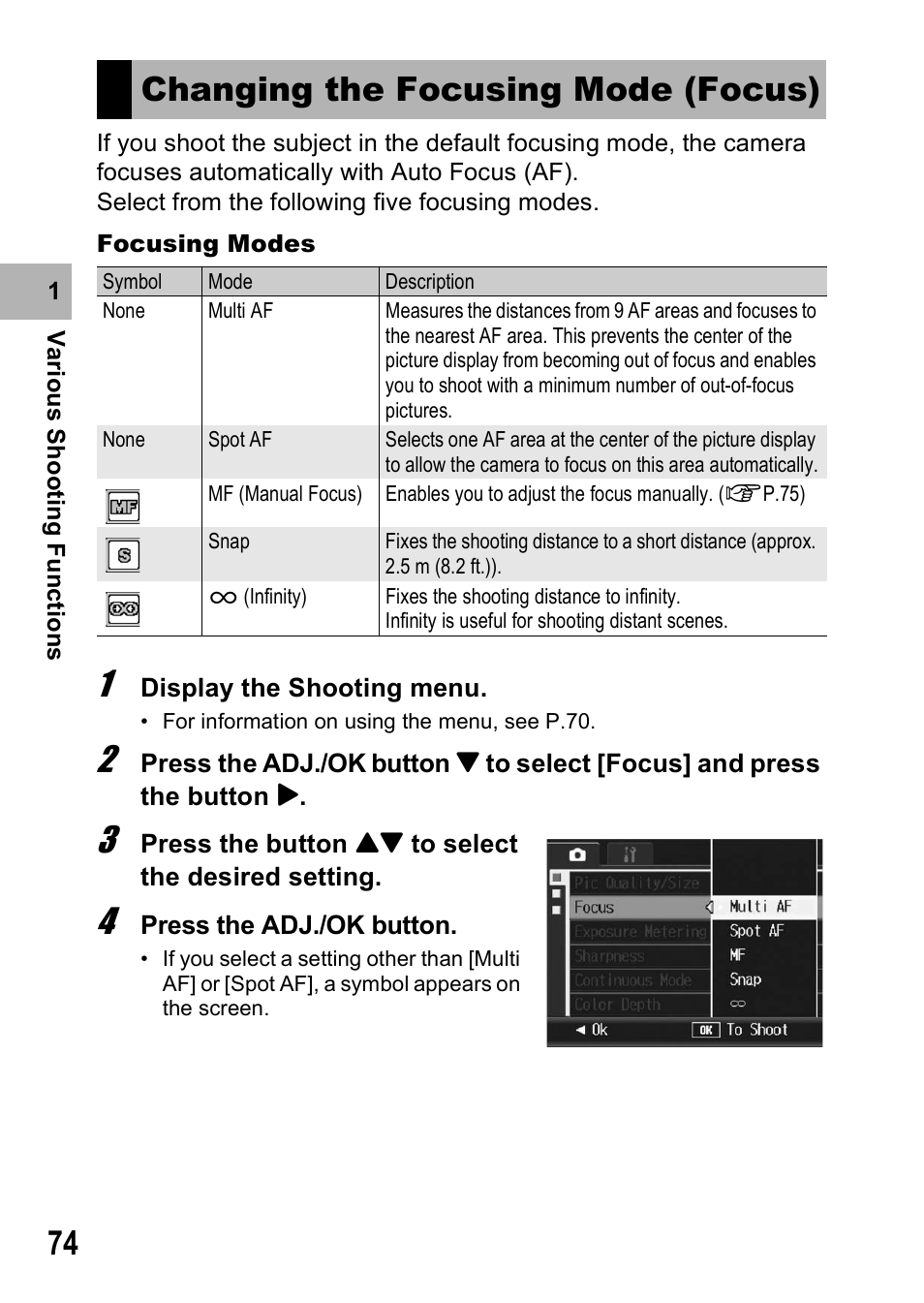 Changing the focusing mode (focus) | Ricoh R8 User Manual | Page 76 / 211