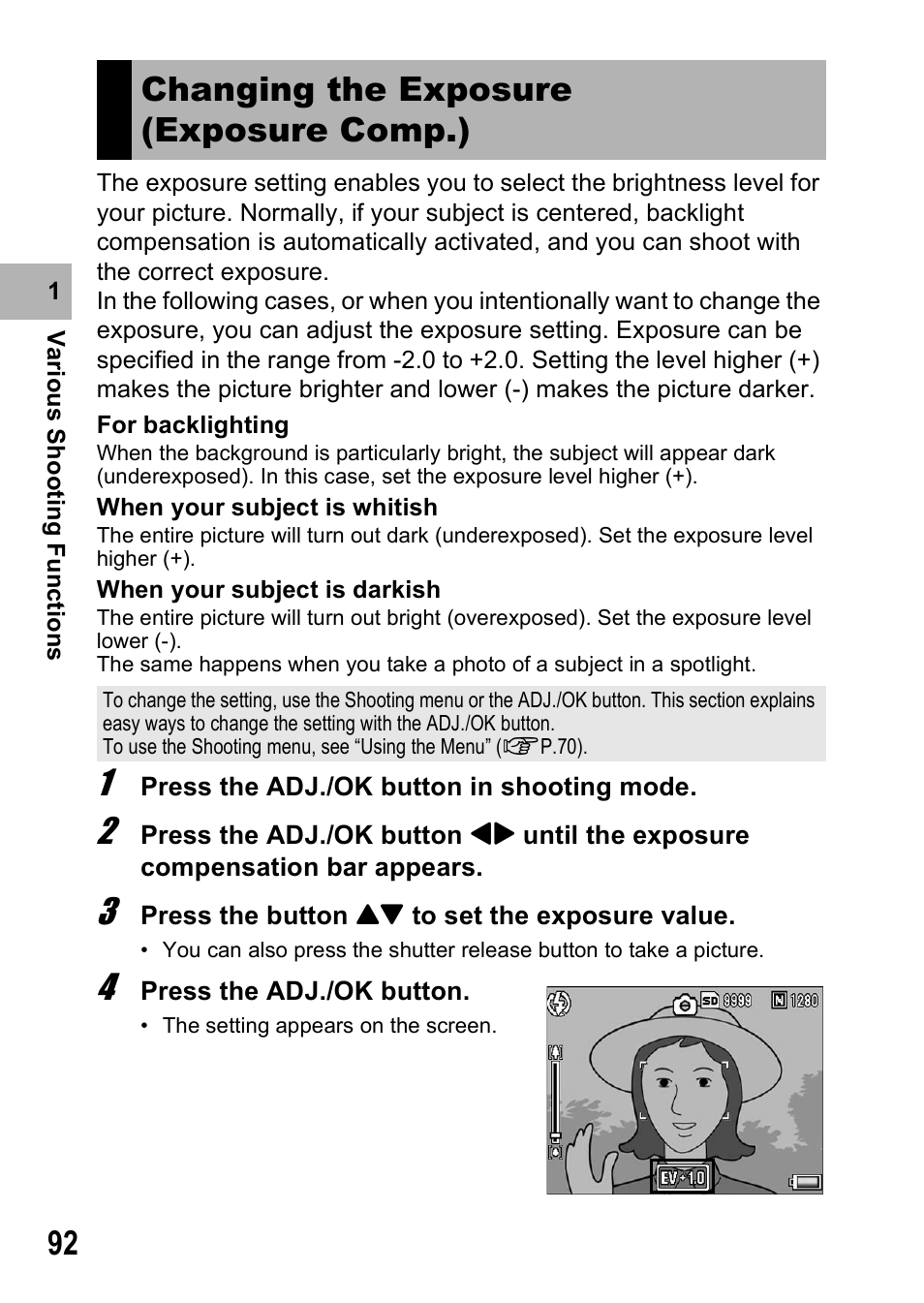 Changing the exposure (exposure comp.) | Ricoh R8 User Manual | Page 94 / 211