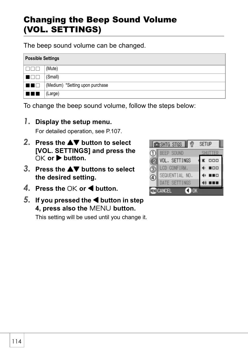 Changing the beep sound volume (vol. settings) | Ricoh Caplio R2 User Manual | Page 116 / 172