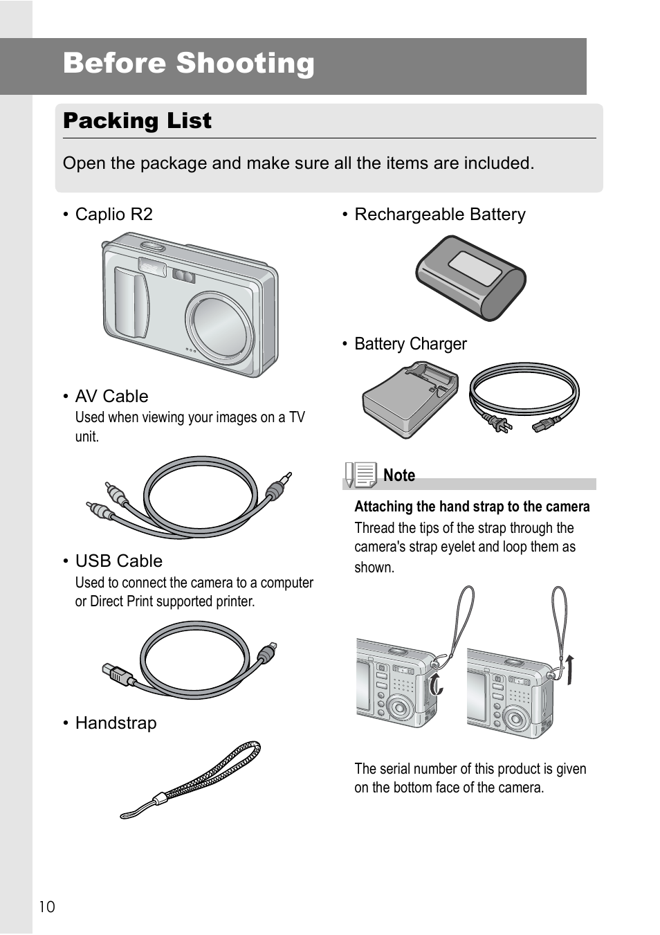 Before shooting, Packing list | Ricoh Caplio R2 User Manual | Page 12 / 172