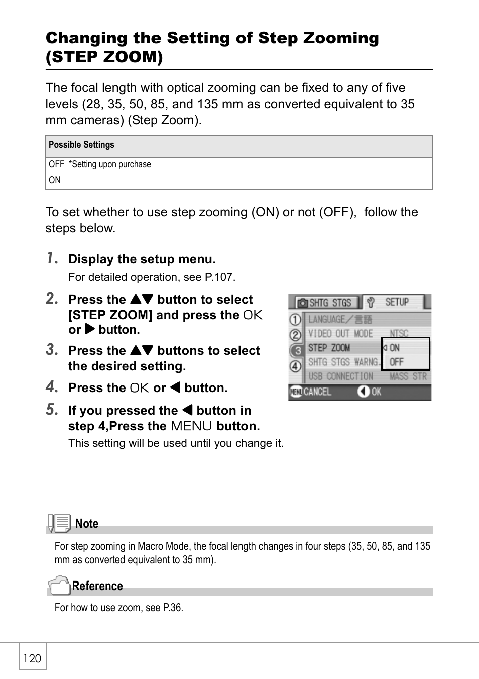 Changing the setting of step zooming (step zoom) | Ricoh Caplio R2 User Manual | Page 122 / 172