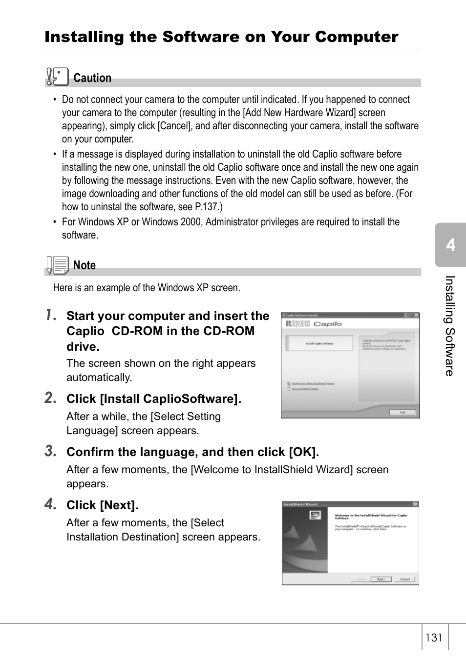 Installing the software on your computer | Ricoh Caplio R2 User Manual | Page 133 / 172