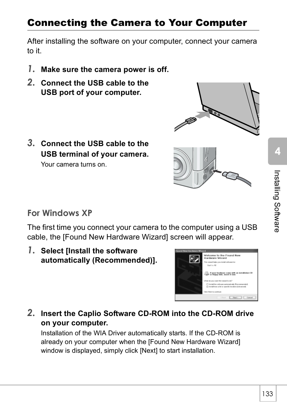 Connecting the camera to your computer | Ricoh Caplio R2 User Manual | Page 135 / 172