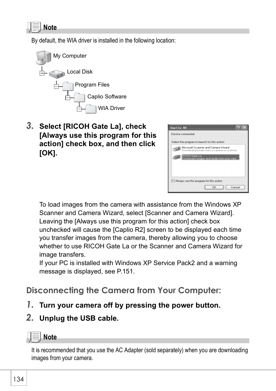 Disconnecting the camera from your computer | Ricoh Caplio R2 User Manual | Page 136 / 172