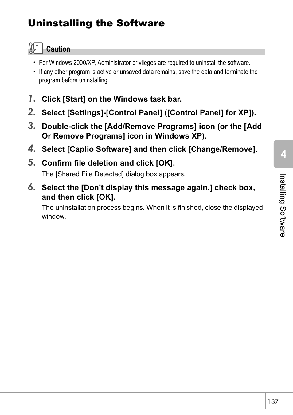 Uninstalling the software | Ricoh Caplio R2 User Manual | Page 139 / 172