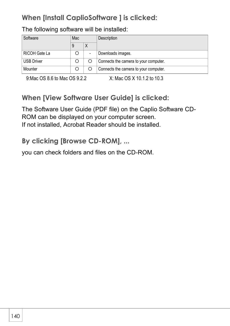 When [install capliosoftware ] is clicked, When [view software user guide] is clicked, By clicking [browse cd-rom | The following software will be installed, You can check folders and files on the cd-rom | Ricoh Caplio R2 User Manual | Page 142 / 172