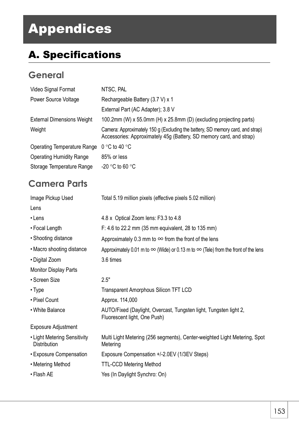 Appendices, A. specifications, General camera parts | Ricoh Caplio R2 User Manual | Page 155 / 172