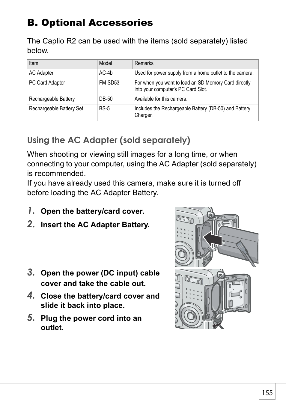 B. optional accessories, Using the ac adapter (sold separately) | Ricoh Caplio R2 User Manual | Page 157 / 172