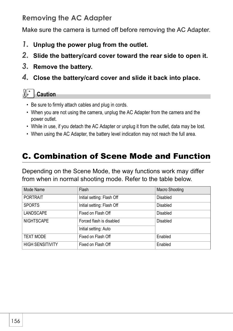 C. combination of scene mode and function, Removing the ac adapter | Ricoh Caplio R2 User Manual | Page 158 / 172