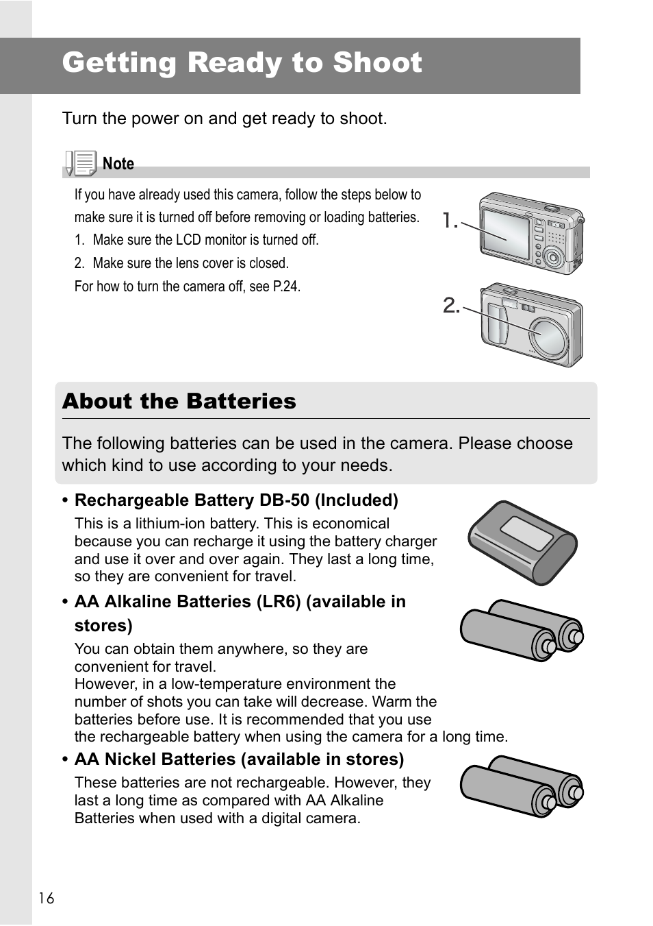 Getting ready to shoot, About the batteries | Ricoh Caplio R2 User Manual | Page 18 / 172