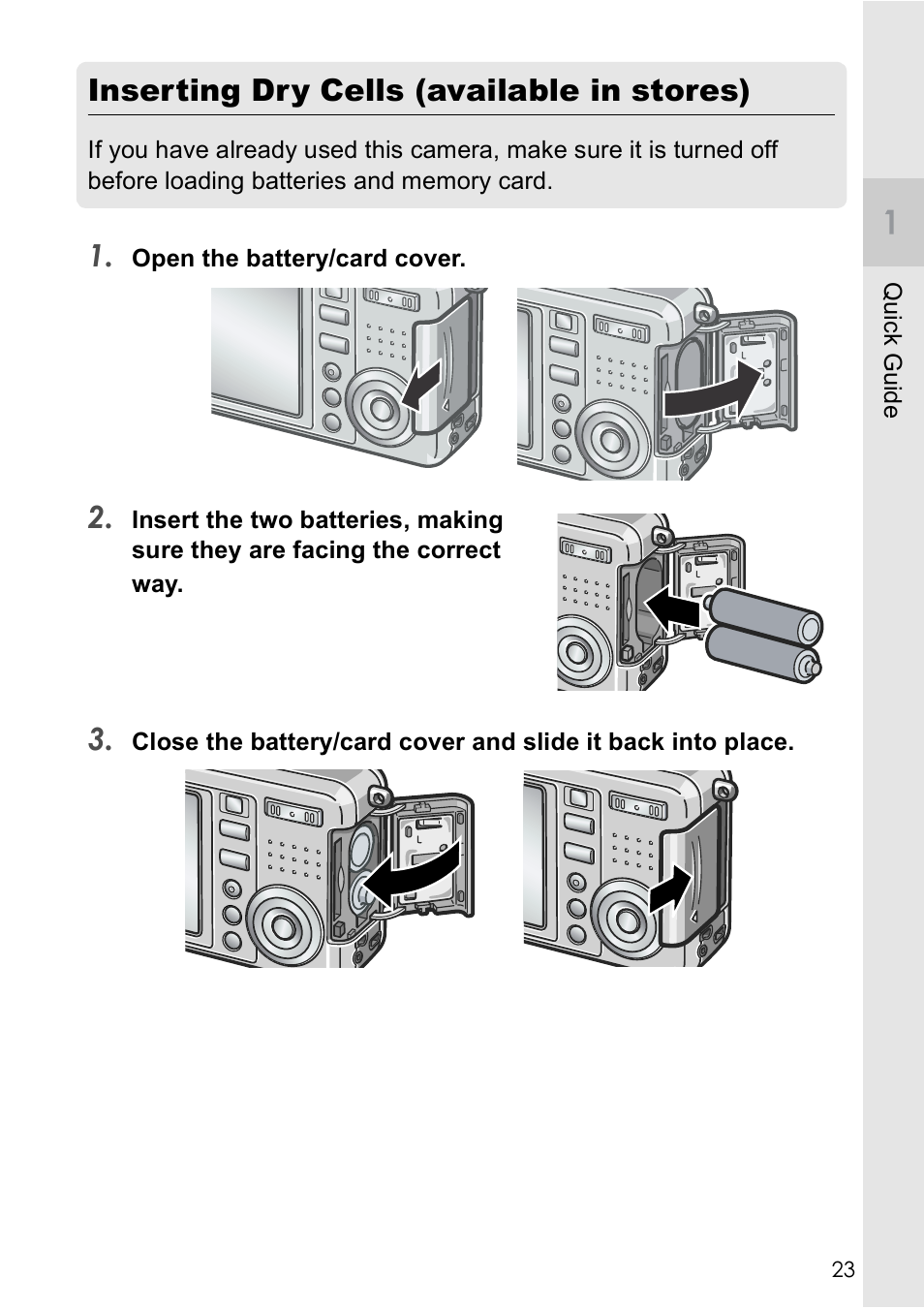Inserting dry cells (available in stores) | Ricoh Caplio R2 User Manual | Page 25 / 172