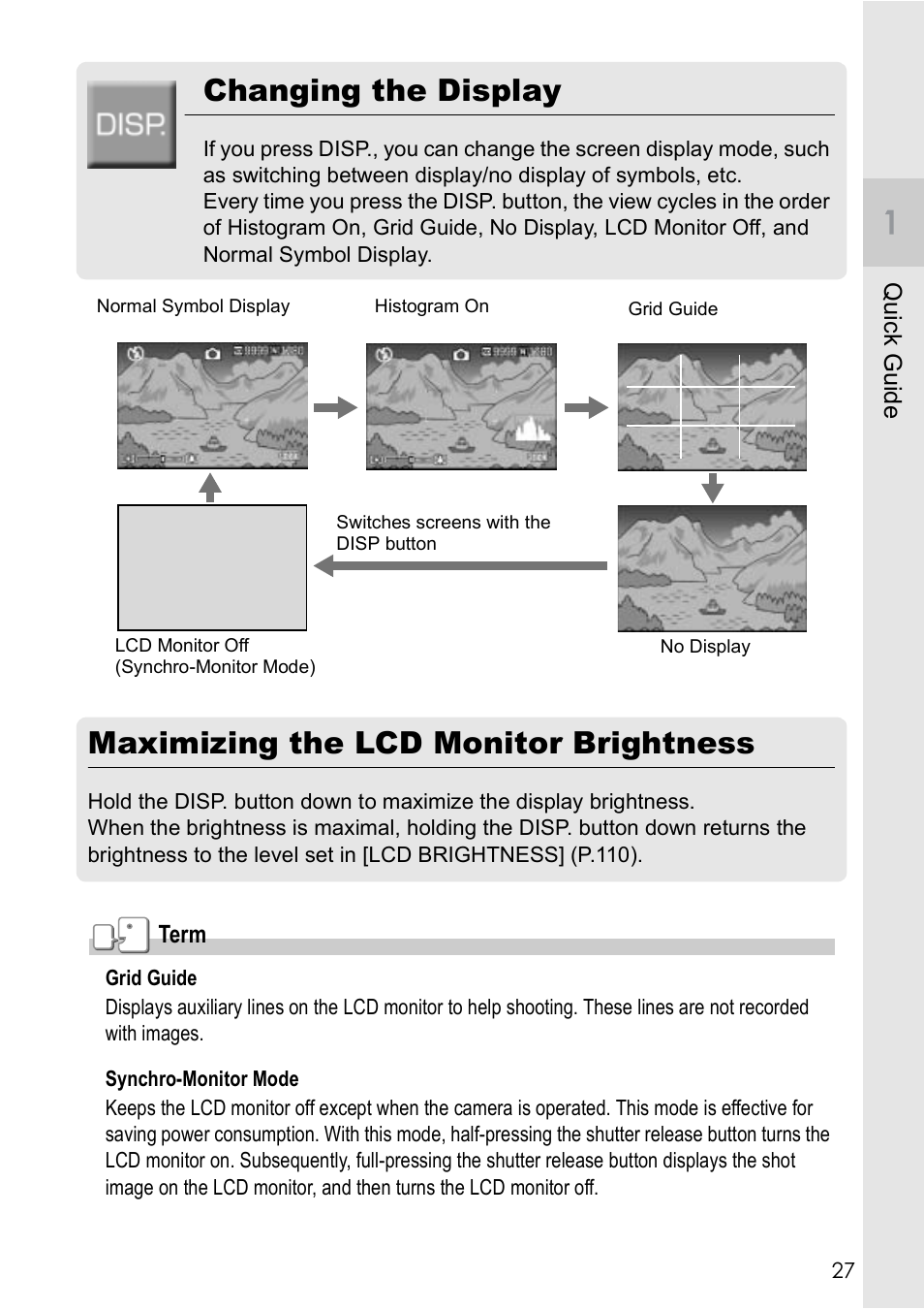 Changing the display, Maximizing the lcd monitor brightness | Ricoh Caplio R2 User Manual | Page 29 / 172