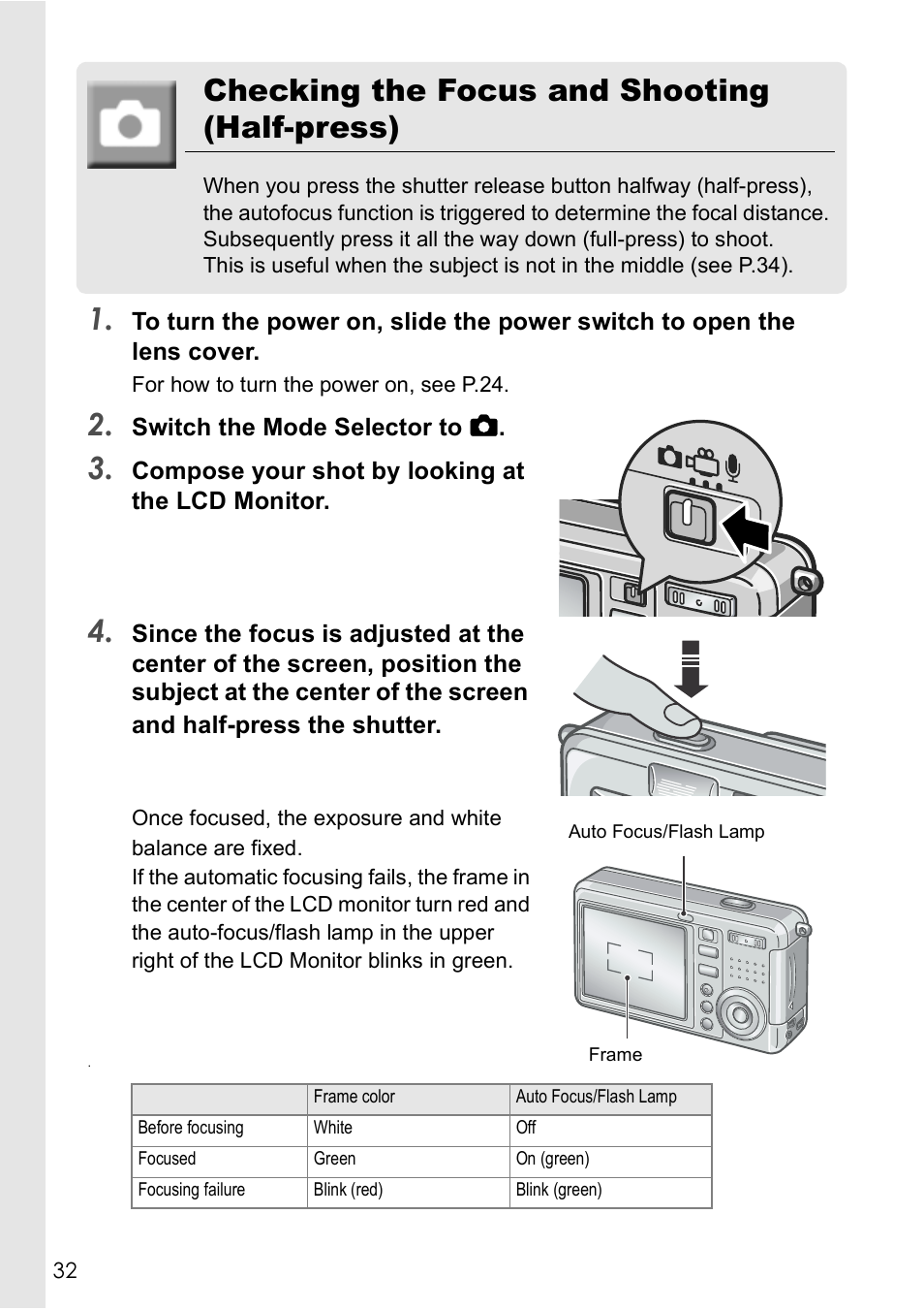 Checking the focus and shooting (half-press) | Ricoh Caplio R2 User Manual | Page 34 / 172