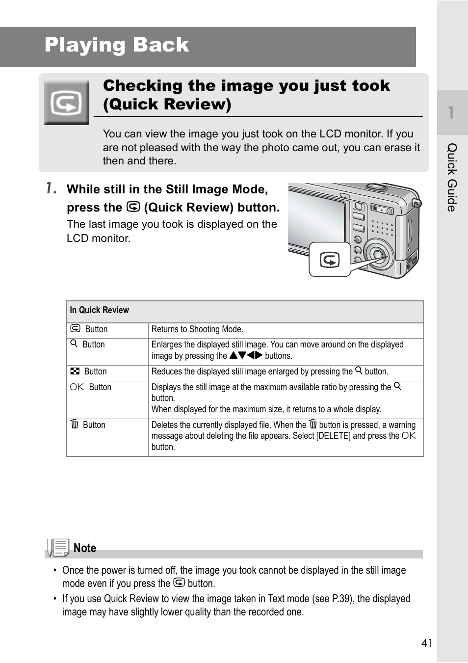 Playing back, Checking the image you just took (quick review) | Ricoh Caplio R2 User Manual | Page 43 / 172