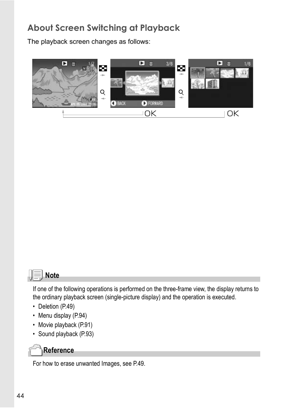 About screen switching at playback | Ricoh Caplio R2 User Manual | Page 46 / 172