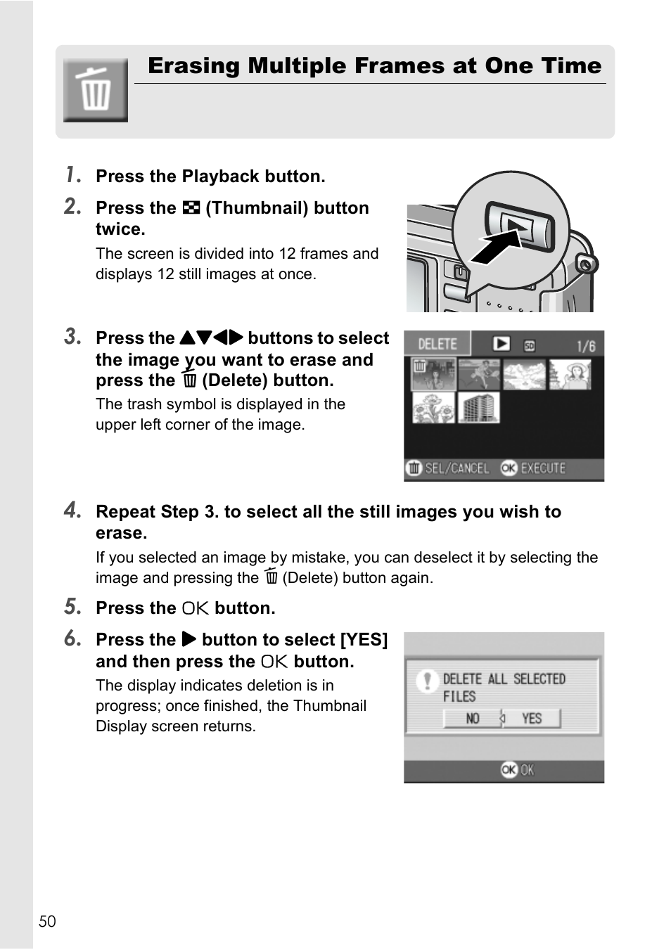 Erasing multiple frames at one time 1 | Ricoh Caplio R2 User Manual | Page 52 / 172