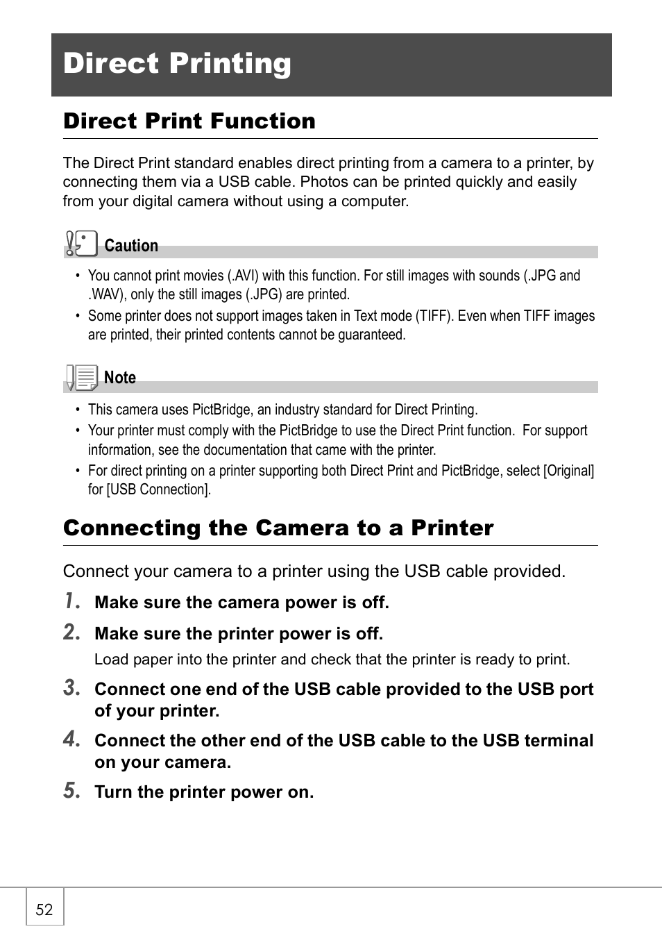 Direct printing, Direct print function, Connecting the camera to a printer | Ricoh Caplio R2 User Manual | Page 54 / 172