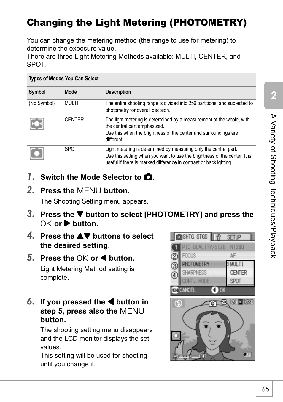 Changing the light metering (photometry) | Ricoh Caplio R2 User Manual | Page 67 / 172