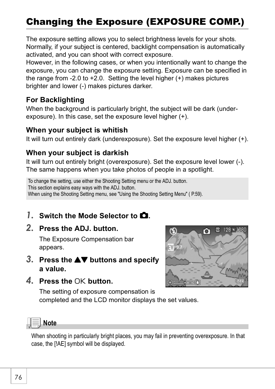 Changing the exposure (exposure comp.) | Ricoh Caplio R2 User Manual | Page 78 / 172