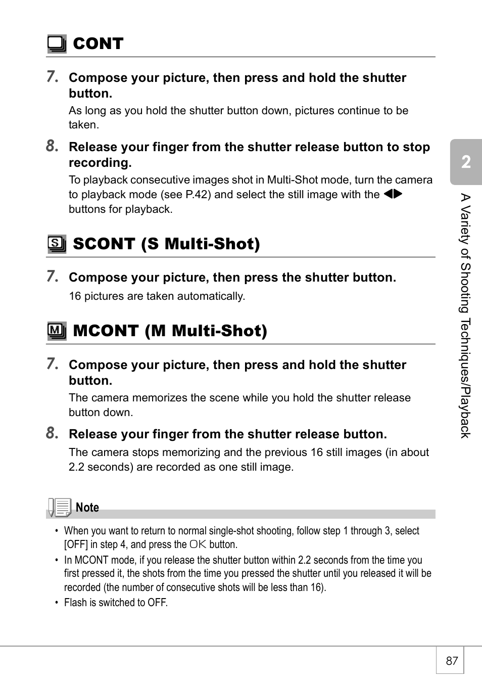 Cont 7, Scont (s multi-shot) 7, Mcont (m multi-shot) 7 | Ricoh Caplio R2 User Manual | Page 89 / 172