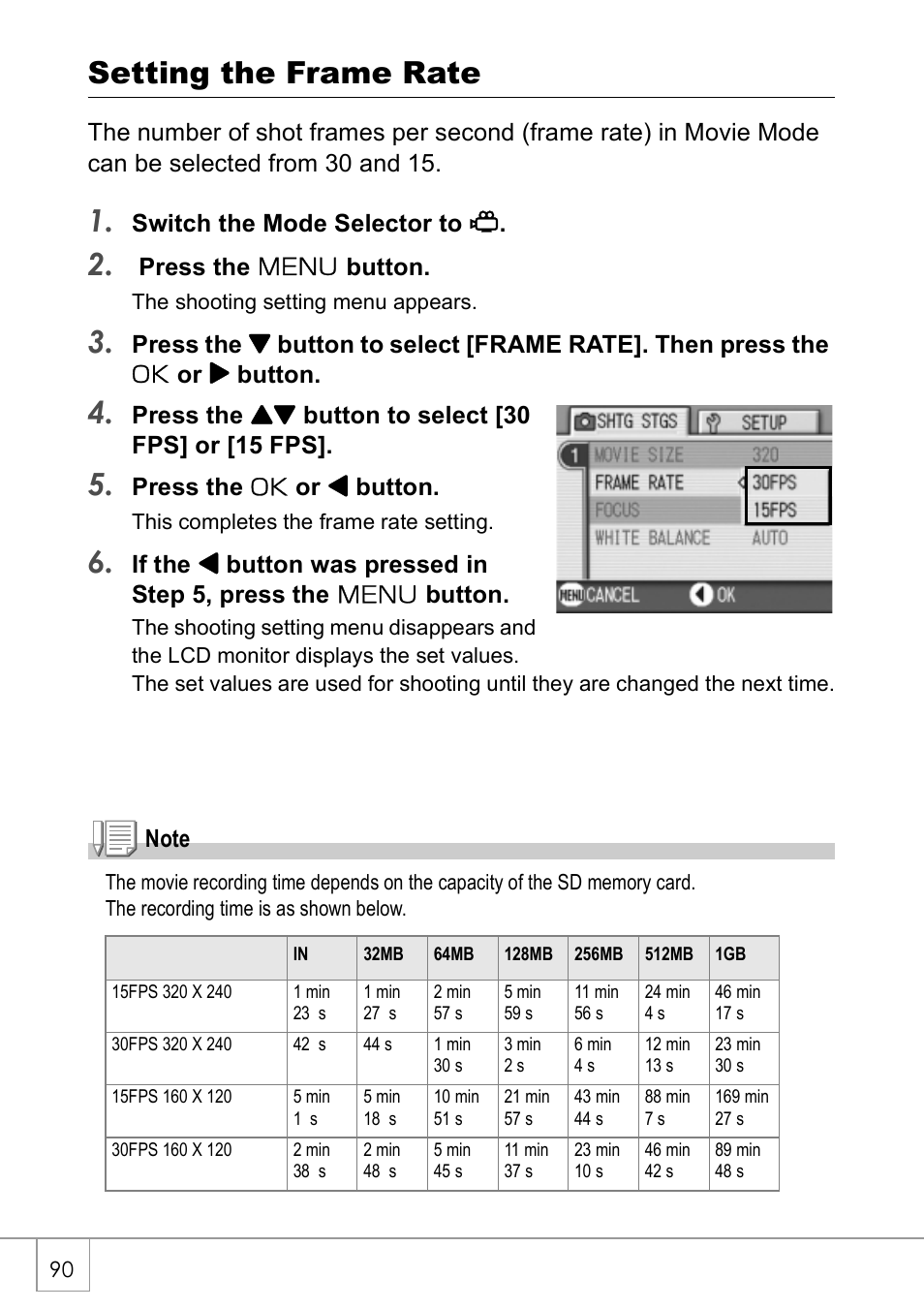 Setting the frame rate, Switch the mode selector to 3, Press the m button | Press the !" button to select [30 fps] or [15 fps, Press the o or # button | Ricoh Caplio R2 User Manual | Page 92 / 172