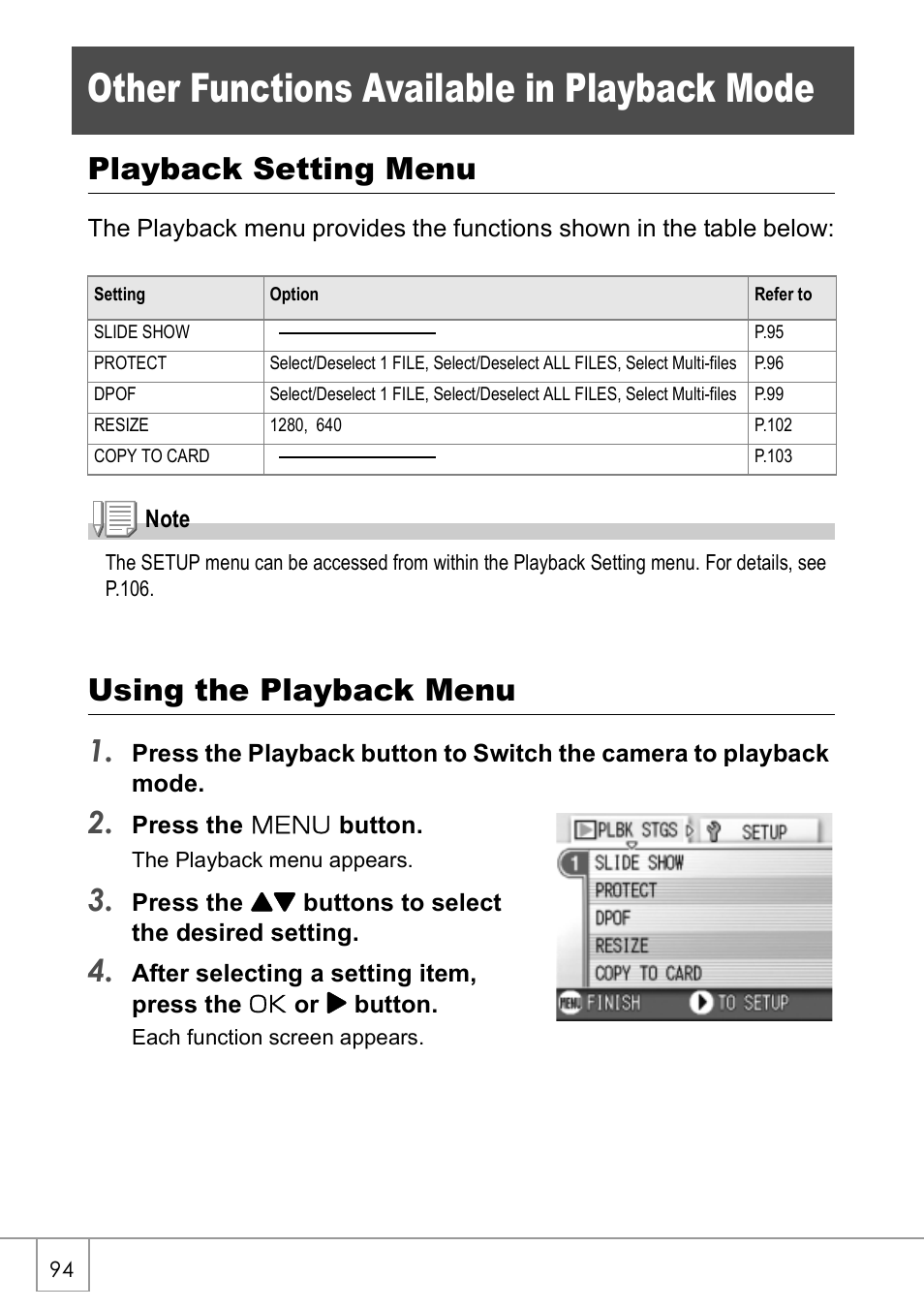 Other functions available in playback mode, Playback setting menu, Using the playback menu 1 | Ricoh Caplio R2 User Manual | Page 96 / 172