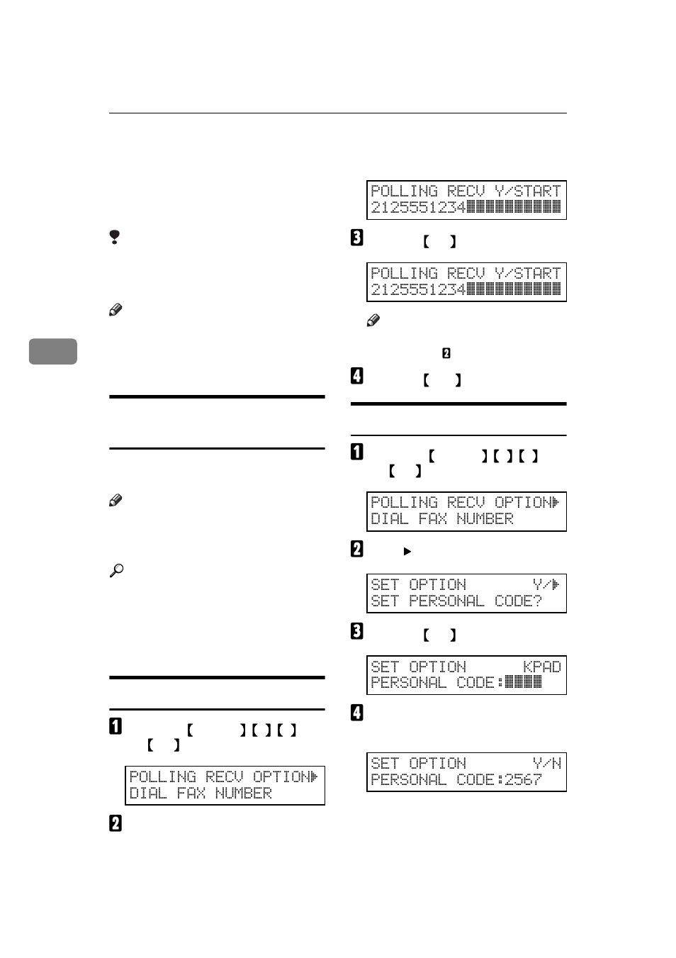 Calling to request a message (polling), Operating procedure, Entering a personal code | 4calling to request a message (polling) | Ricoh H545 User Manual | Page 90 / 194
