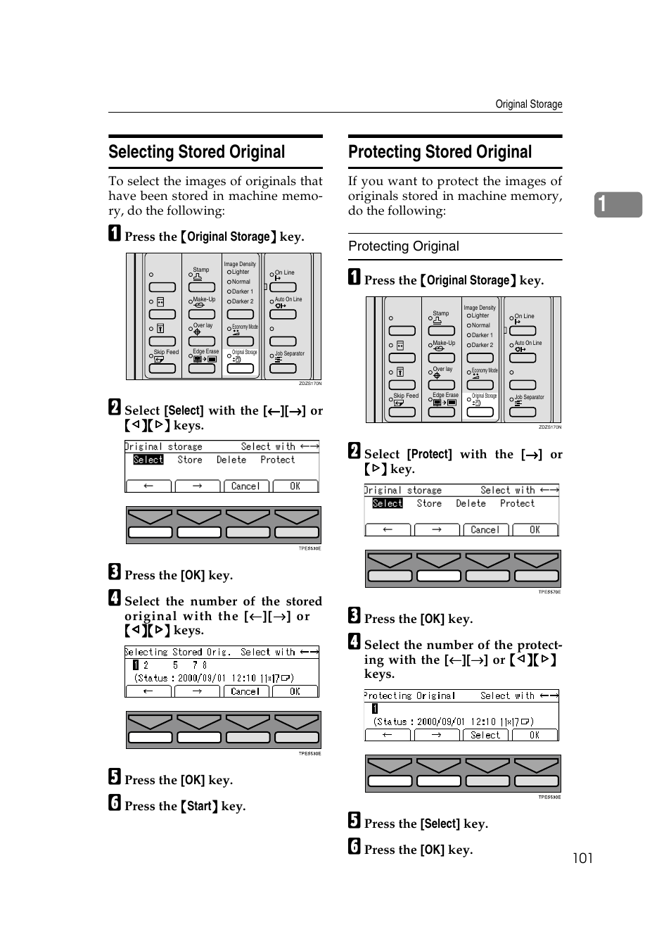 Selecting stored original, Protecting stored original | Ricoh JP8000 User Manual | Page 121 / 464