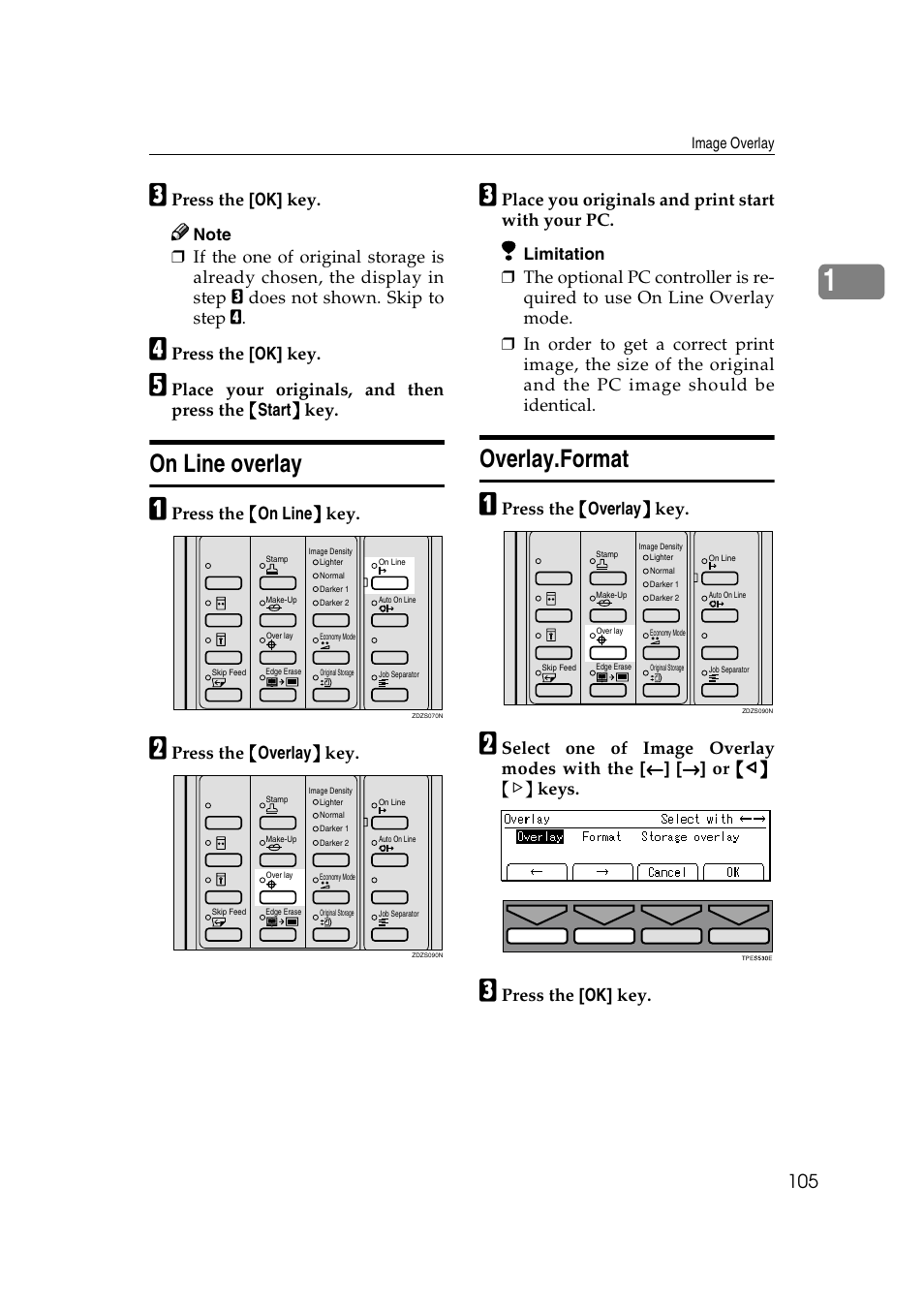 On line overlay overlay. format, On line overlay overlay.format, On line overlay | Overlay.format, Press the [ok] key, Press the {{{{ on line }}}} key, Press the {{{{ overlay }}}} key, Place you originals and print start with your pc | Ricoh JP8000 User Manual | Page 125 / 464