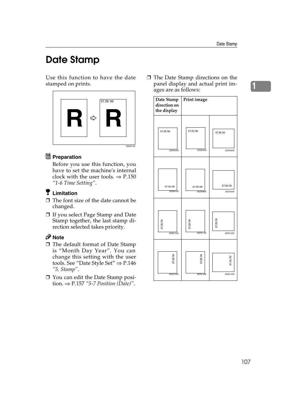 Date stamp, P.107 “date stamp, P.107 | 1date stamp | Ricoh JP8000 User Manual | Page 127 / 464