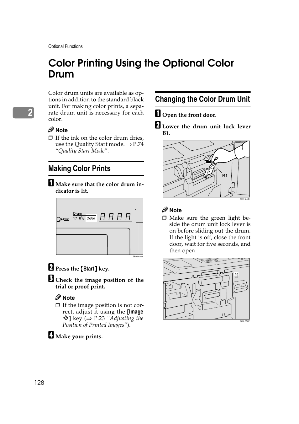 Color printing using the optional color drum, Making color prints, Changing the color drum unit | P.128 “making color prints, Making color prints changing the color drum unit, P.128 “color printing using the, Optional color drum, 2color printing using the optional color drum | Ricoh JP8000 User Manual | Page 148 / 464