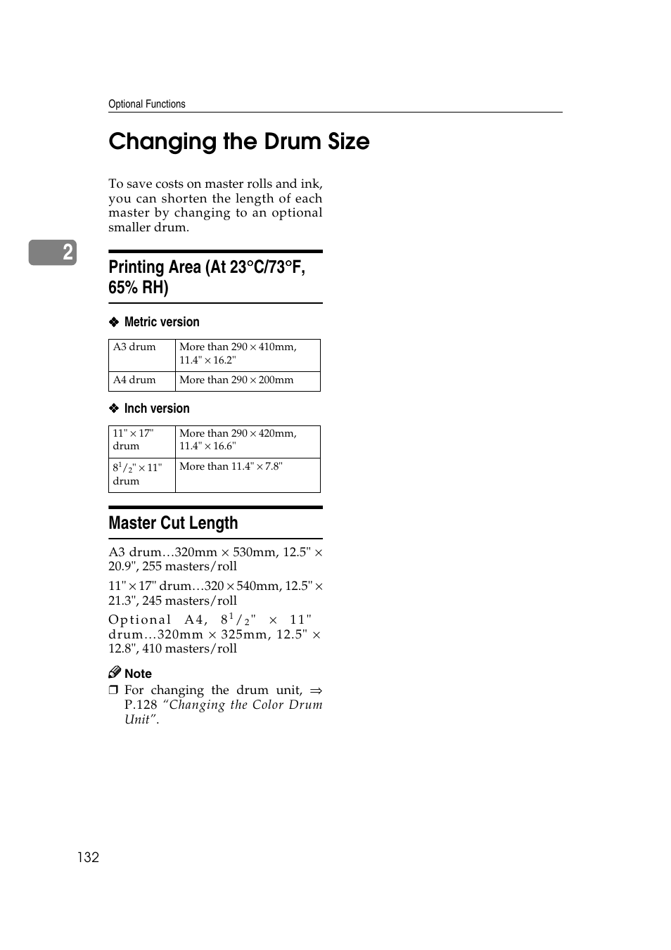 Changing the drum size, Printing area (at 23 c/73 f, 65% rh), Master cut length | Printing area (at 23, P.132 “changing the drum, Size, 2changing the drum size | Ricoh JP8000 User Manual | Page 152 / 464