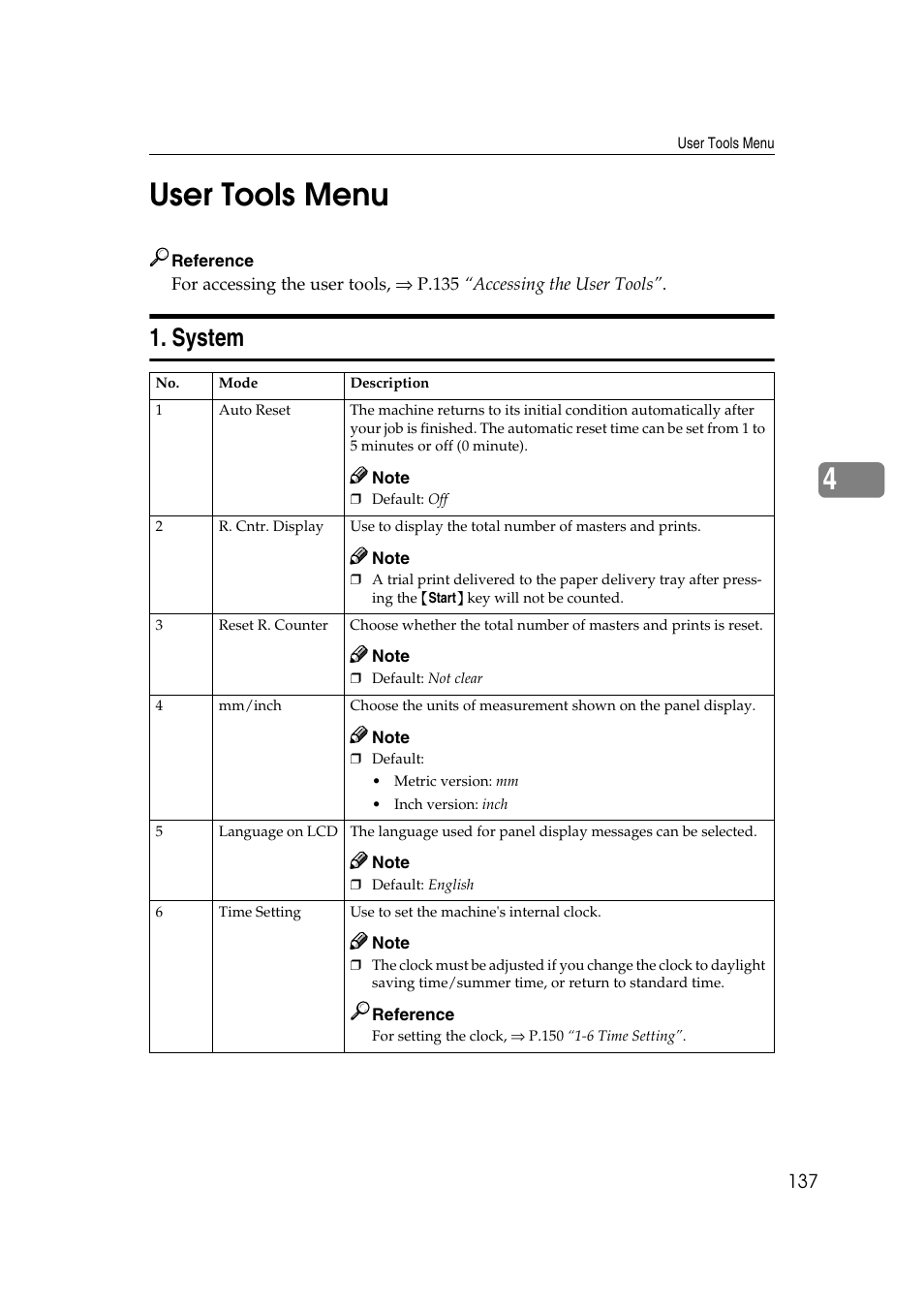 User tools menu, System, P.137 “user tools | Menu, 4user tools menu | Ricoh JP8000 User Manual | Page 157 / 464