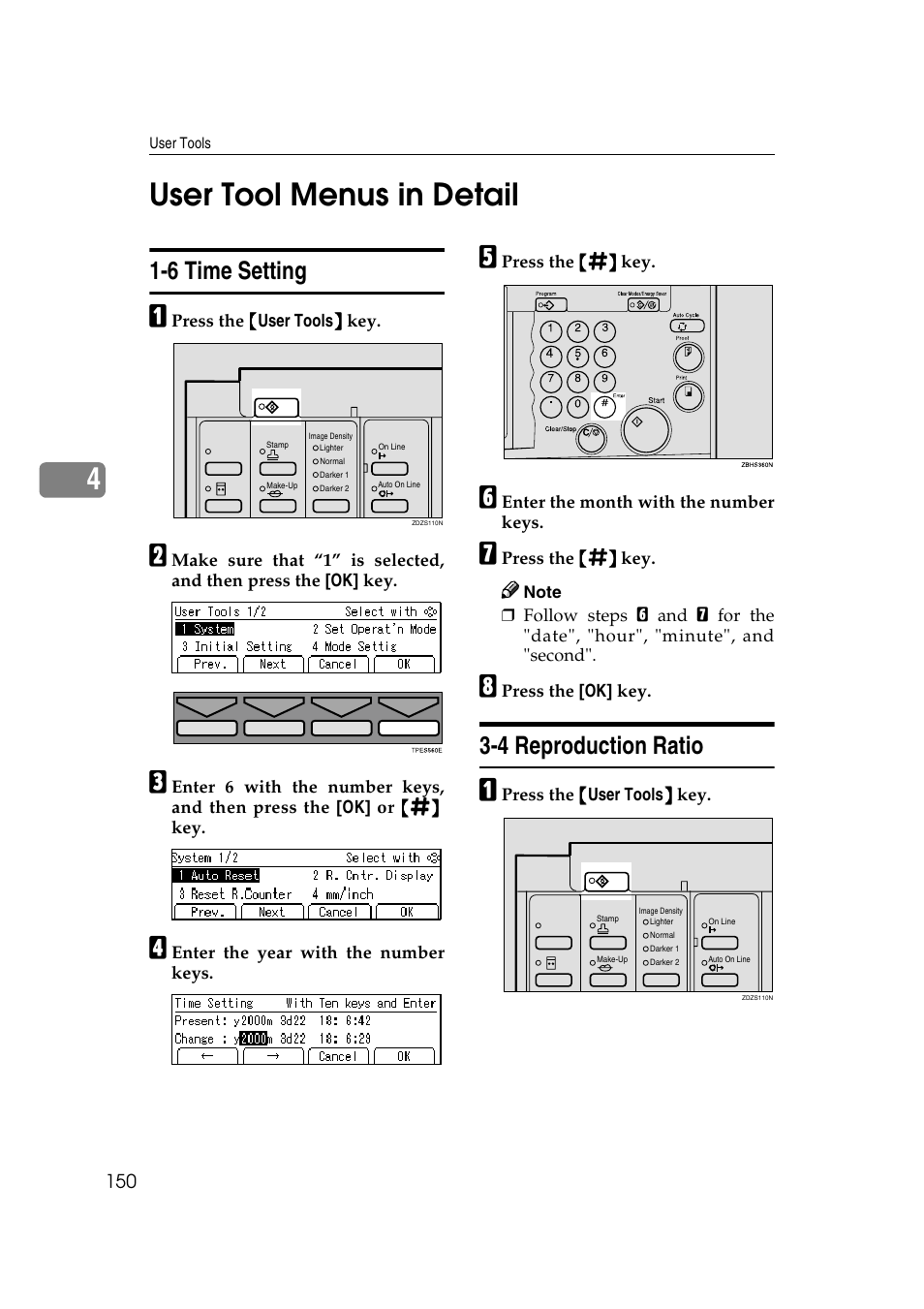 User tool menus in detail, 6 time setting, 4 reproduction ratio | 6 time setting 3-4 reproduction ratio, P.150, P.150 “3-4 reproduction ratio, 4user tool menus in detail | Ricoh JP8000 User Manual | Page 170 / 464