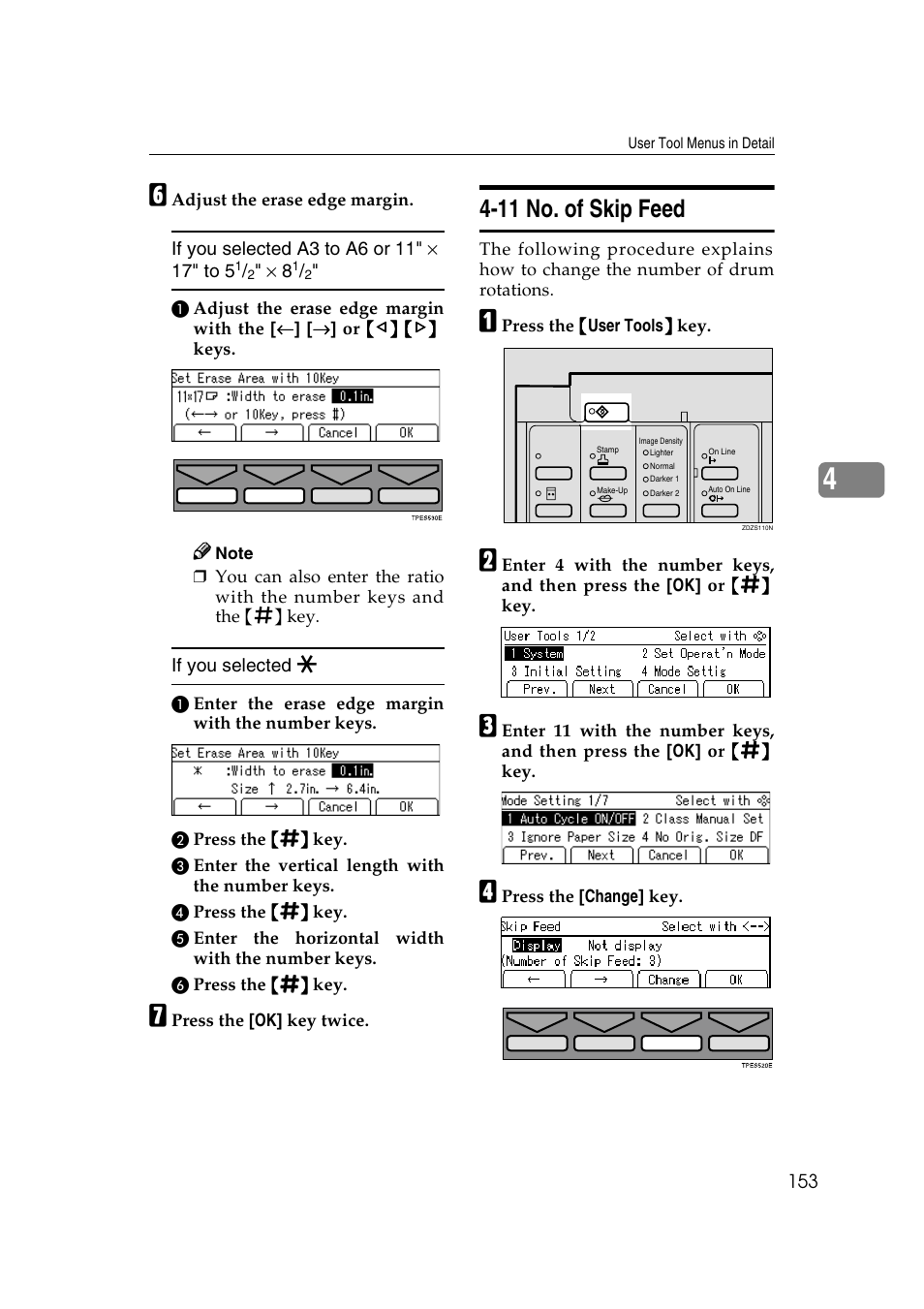 11 no. of skip feed, P.153 “4-11 no. of, Skip feed | Ricoh JP8000 User Manual | Page 173 / 464