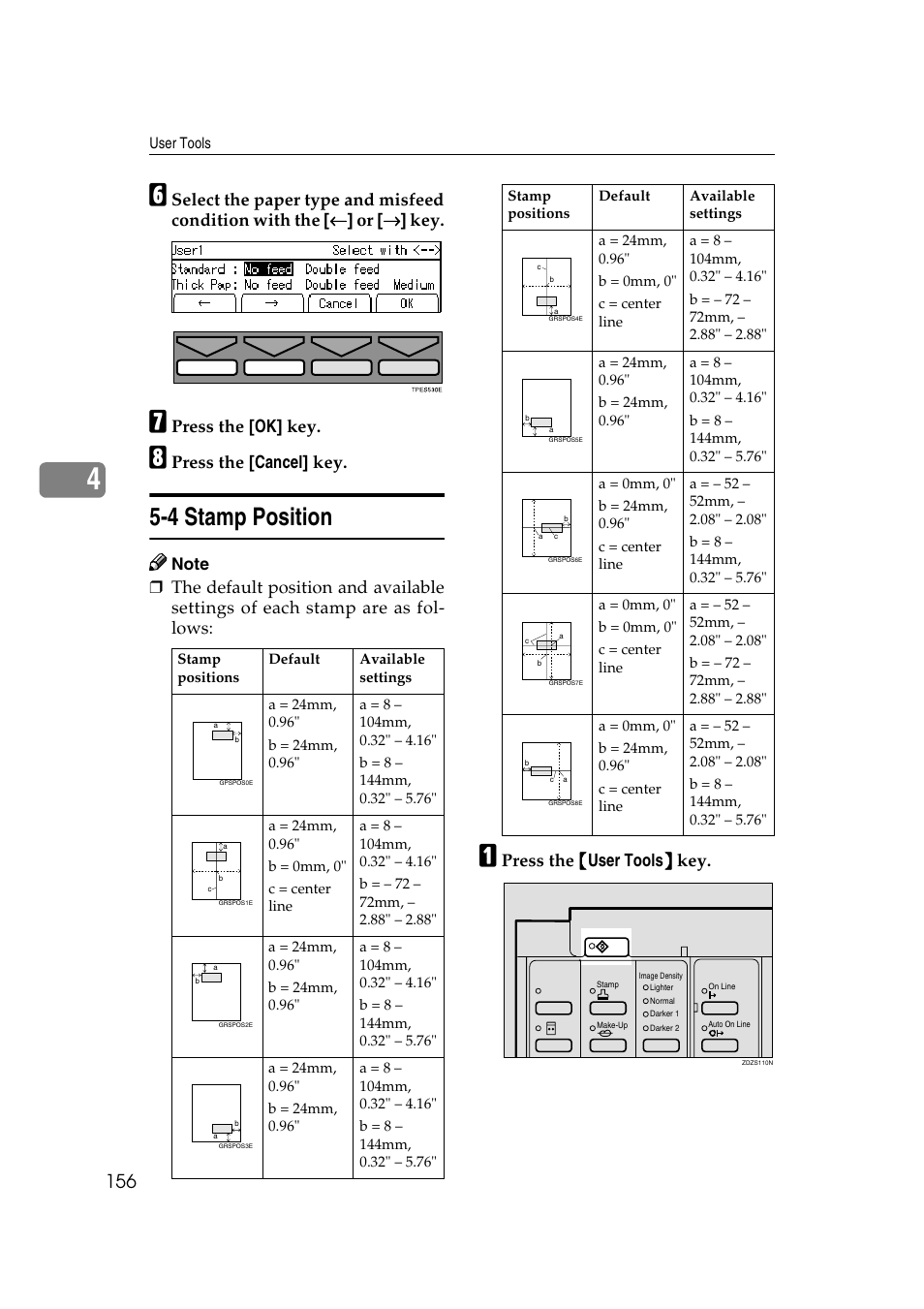 4 stamp position, P.156 “5-4 stamp position, Tion | Press the [ok] key, Press the [cancel] key, Press the {{{{ user tools }}}} key | Ricoh JP8000 User Manual | Page 176 / 464