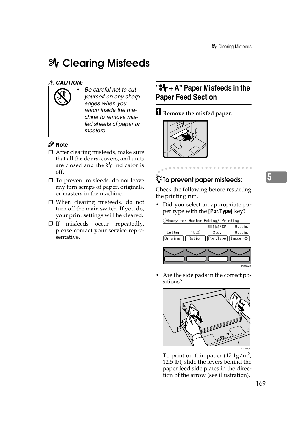 Clearing misfeeds, A” paper misfeeds in the paper feed section, 5x clearing misfeeds | Ricoh JP8000 User Manual | Page 189 / 464