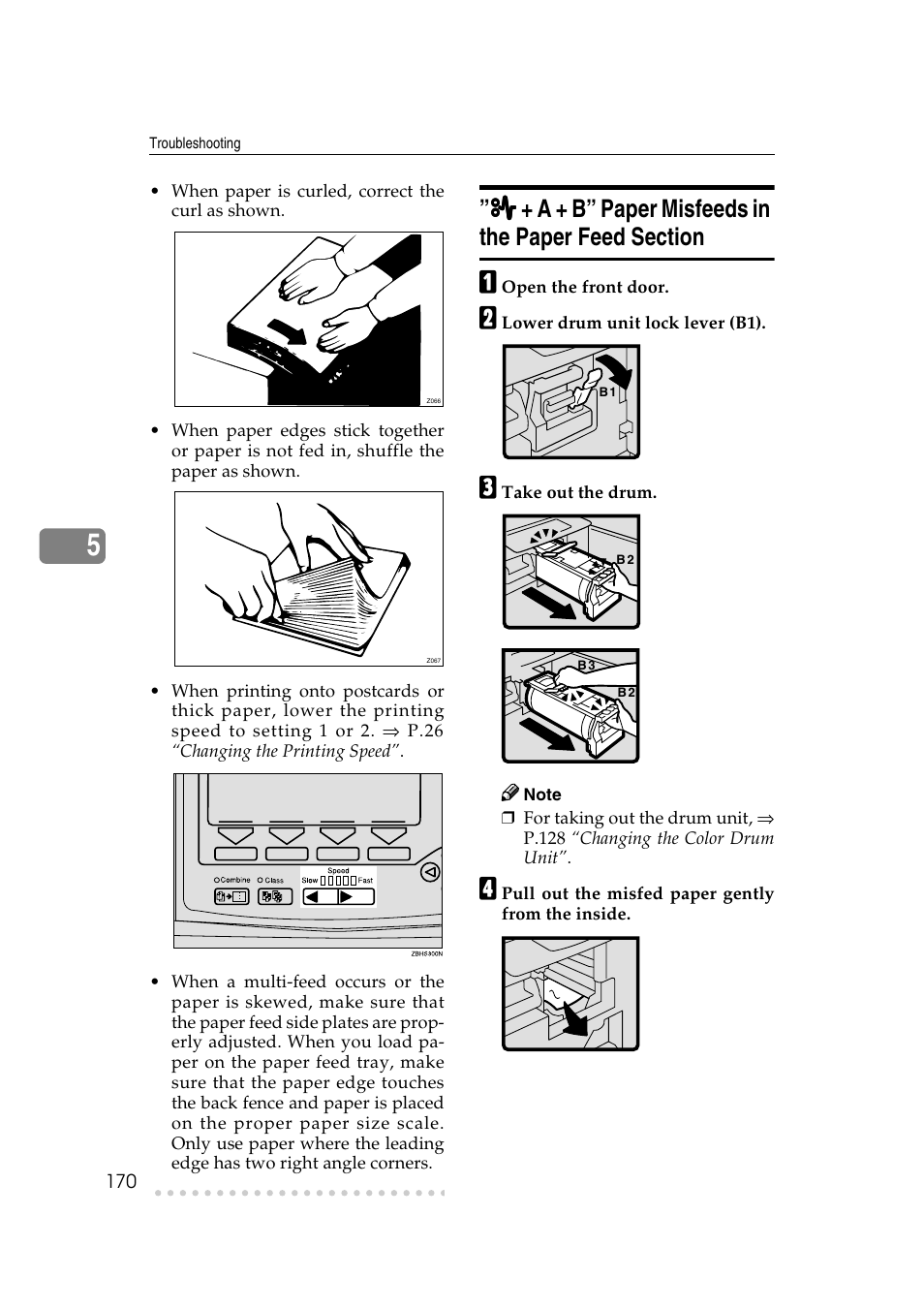 A + b” paper misfeeds in the paper feed section | Ricoh JP8000 User Manual | Page 190 / 464