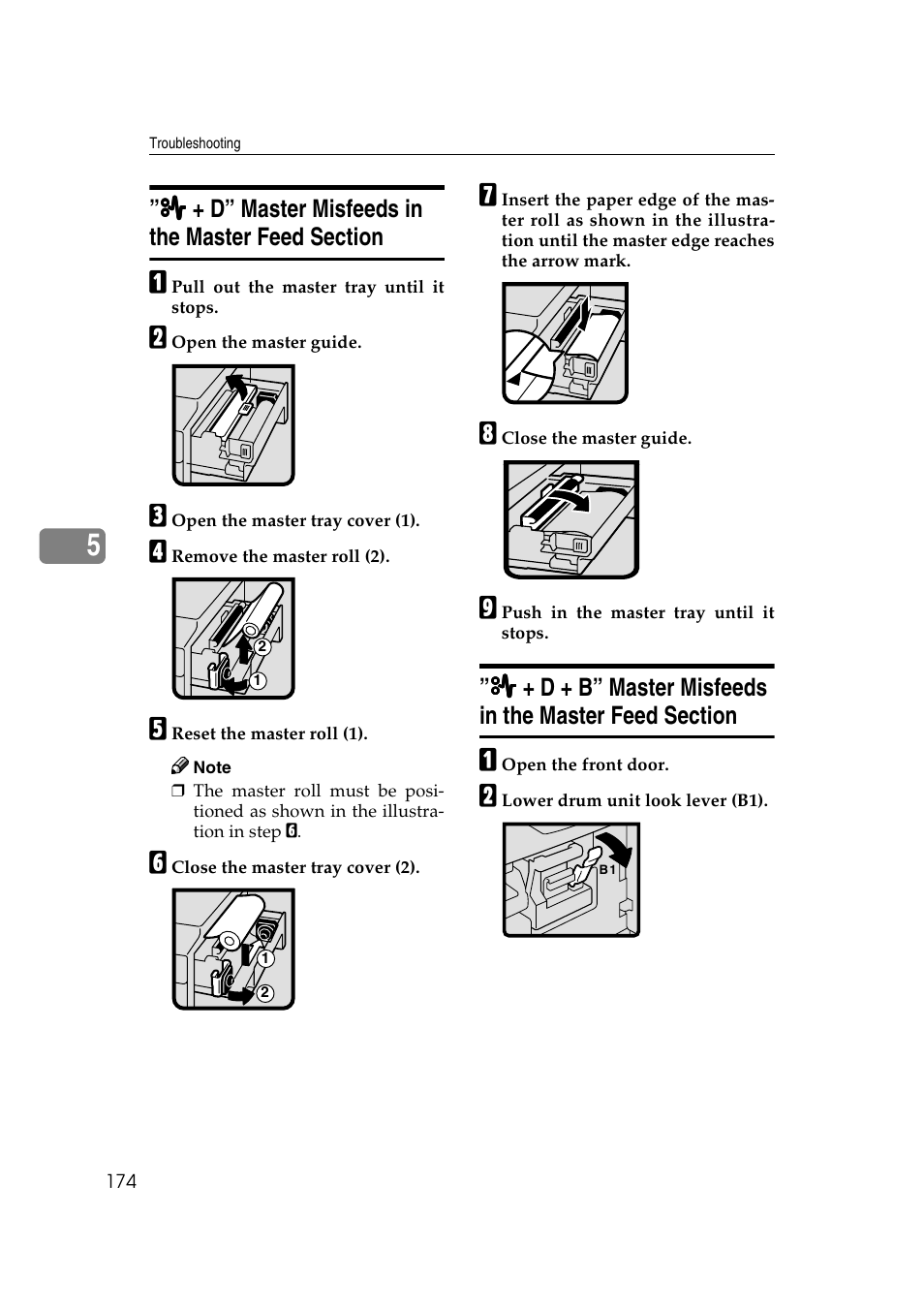 D” master misfeeds in the master feed section, D + b” master misfeeds in the master feed section | Ricoh JP8000 User Manual | Page 194 / 464