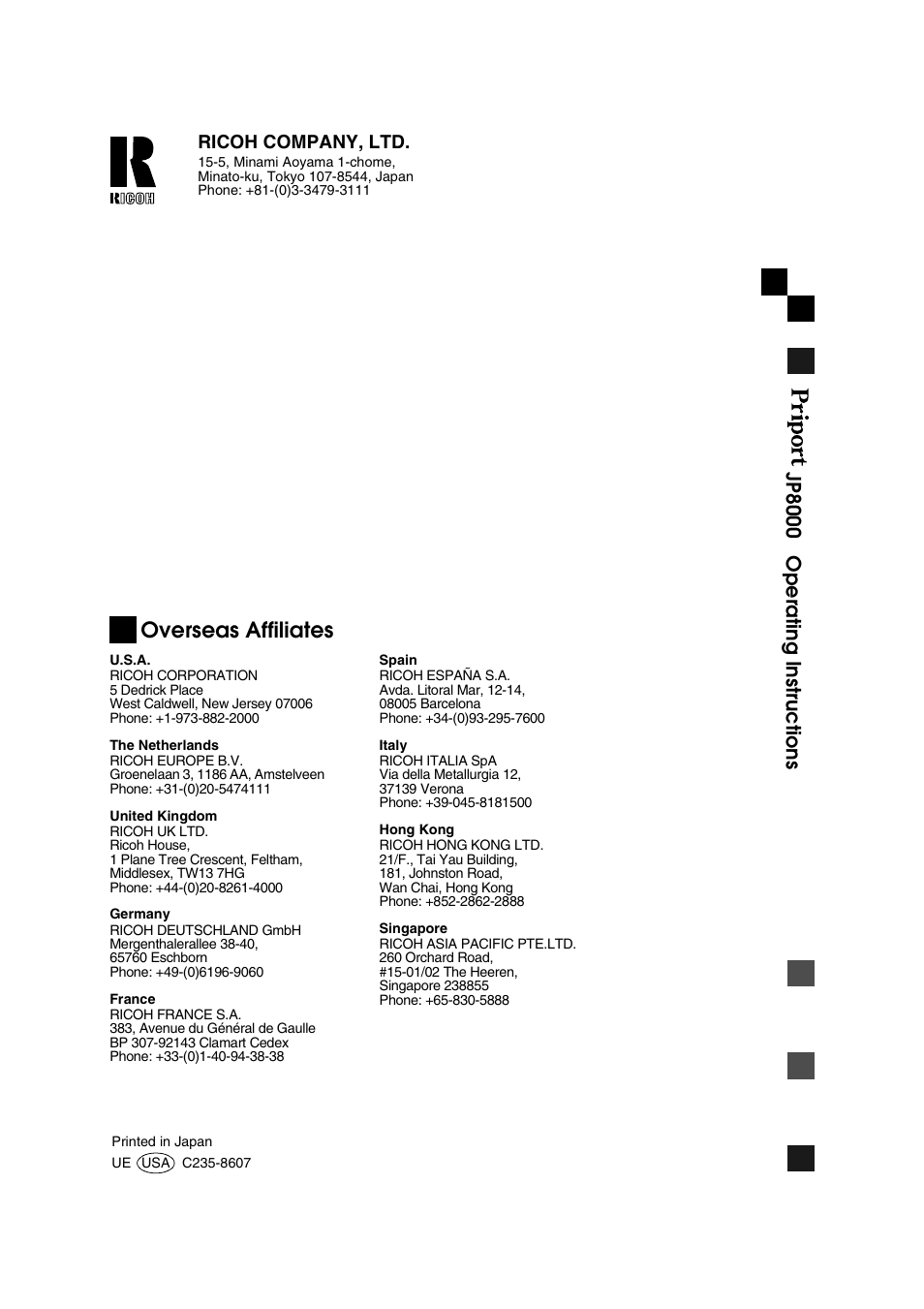 Overseas affiliates | Ricoh JP8000 User Manual | Page 2 / 464