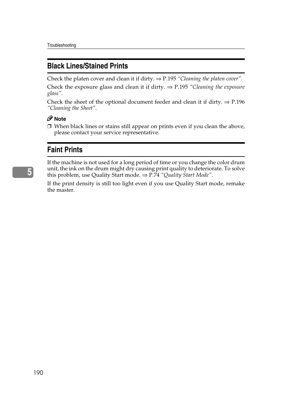 Black lines/stained prints, Faint prints, Black lines/stained prints faint prints | Ricoh JP8000 User Manual | Page 210 / 464