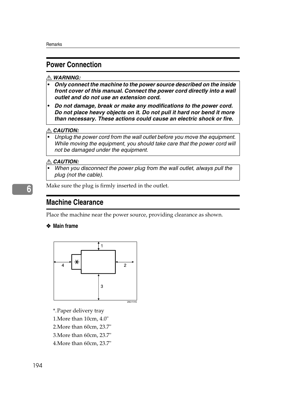 Power connection, Machine clearance, Power connection machine clearance | Ricoh JP8000 User Manual | Page 214 / 464